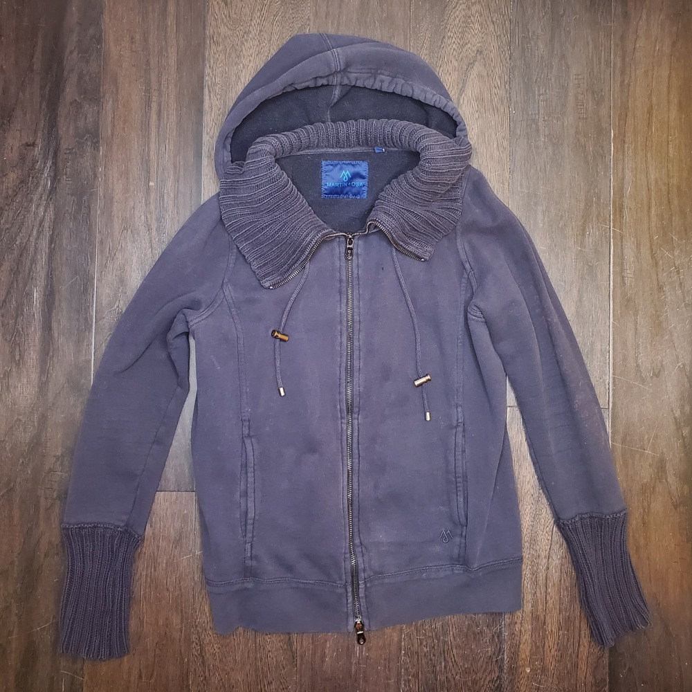 Vintage Martin+Osa Full Zip Hoodie Jacket Small Blue Knit Collar Cotton Womens S